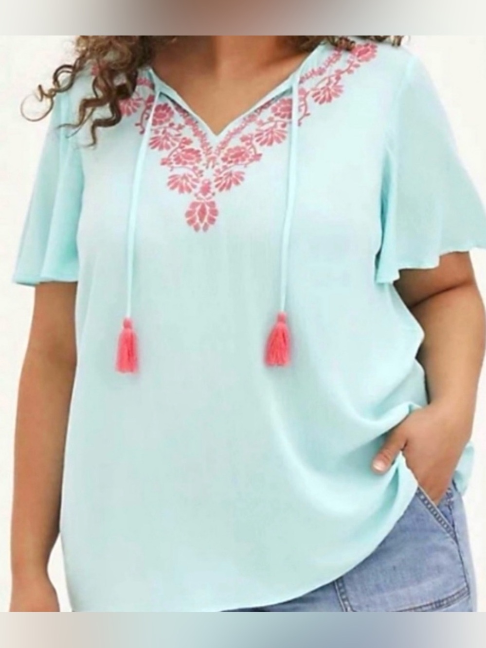 Torrid Aqua Embroidered Peasant Top